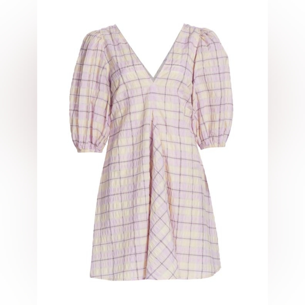 GANNI Seersucker Check Smocked Dress